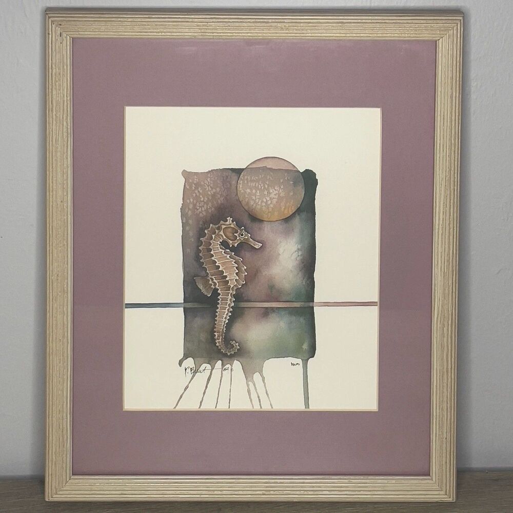 Vtg Paul Brent Seahorse Watercolor Print Signed Double Matted Wood Frame Florida